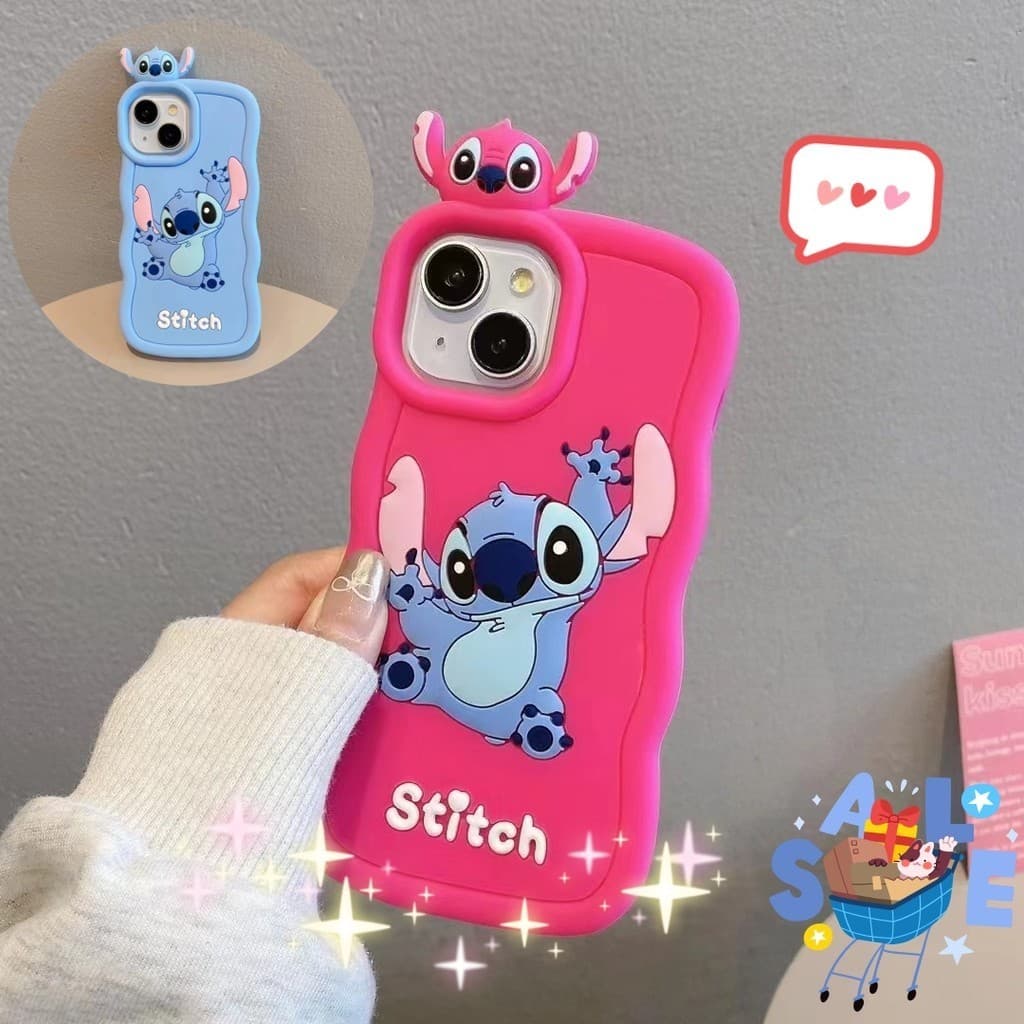 Capinha iphone 11/12/13/14/15 Pro max,Capinha 3d de silicone do stitch,Capa de telefone com borda ondulada