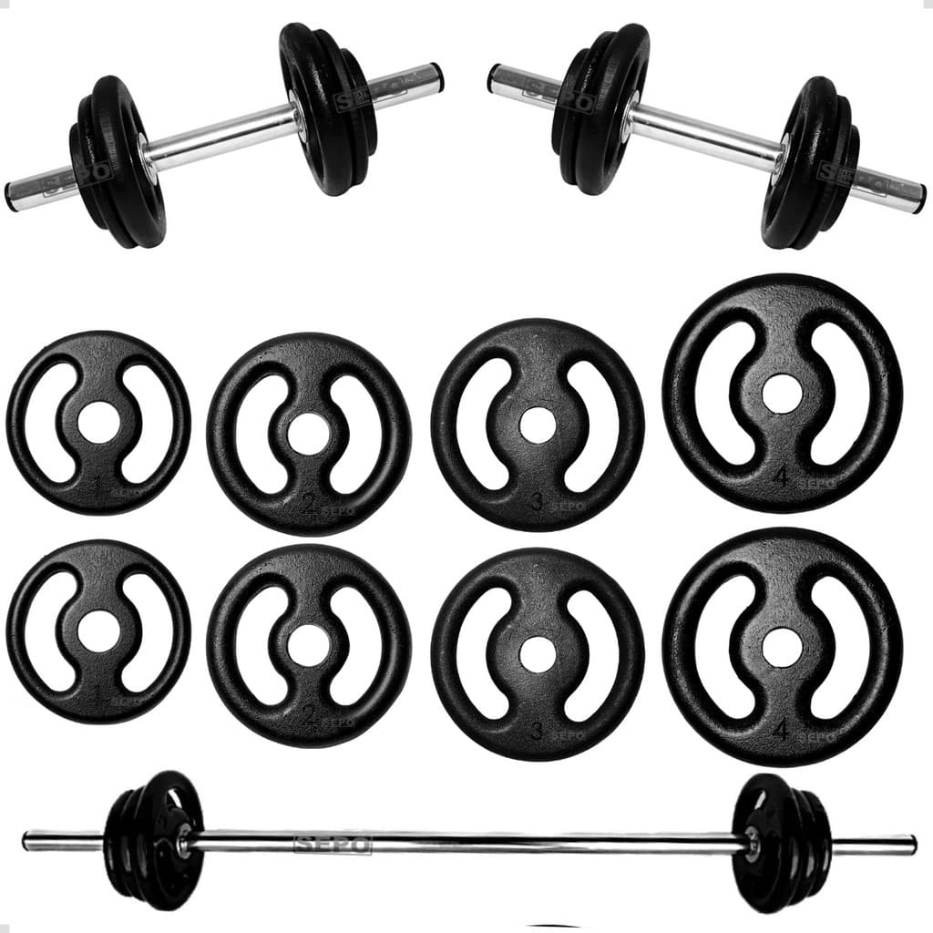 Kit Anilha 1Kg 2Kg 3Kg 4Kg Par e 2 Barras 40Cm e 1 Barra 1,20m Ferro Treino Academia Supino e Halter