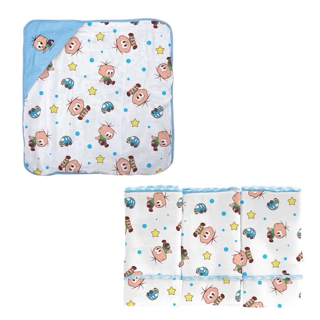 Kit 4 Peças Cebolinha Enxoval Bebê Toalha + Pano de Boca Turma da Mônica Baby