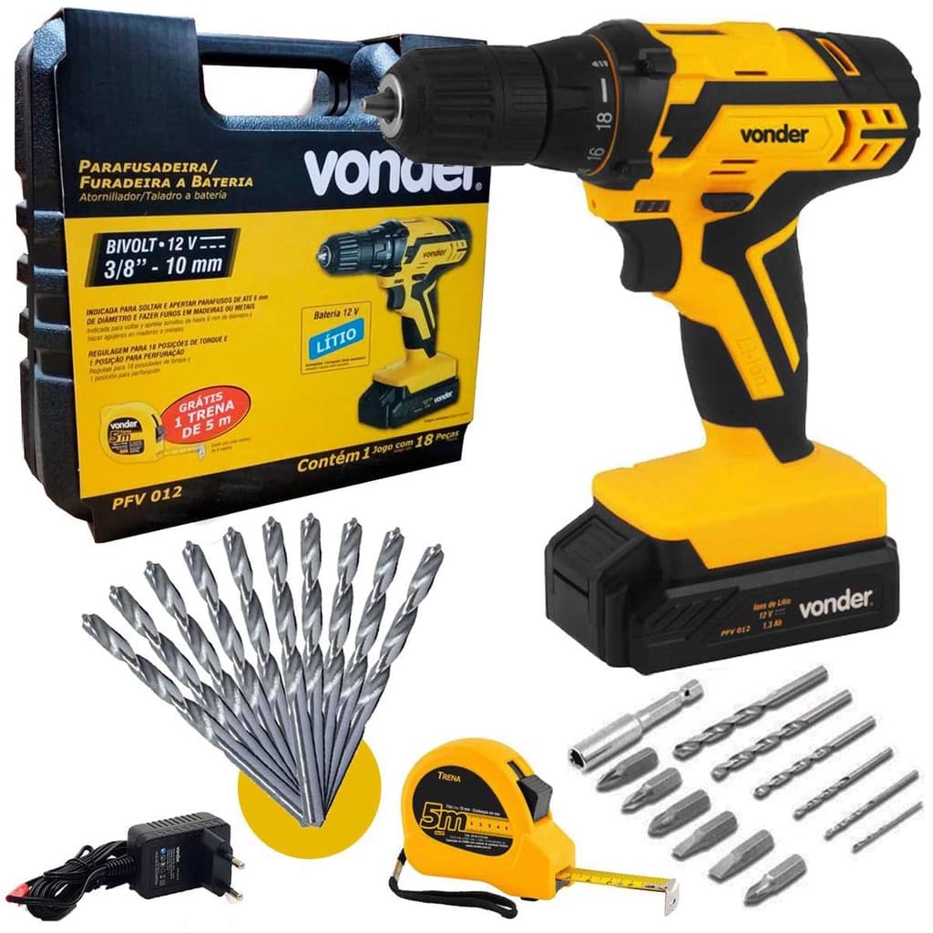 Furadeira e Parafusadeira Bateria 12V BIVOLT PFV 012 Com Kit Brocas, Bits e Trena VONDER