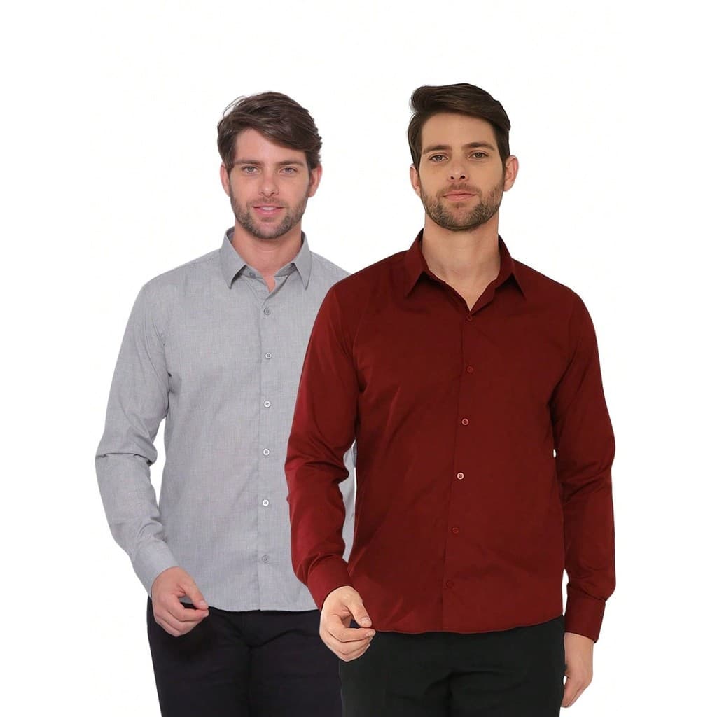 KIT Masculino 2 Peças - Camisa Social Masculina Premium Tipo Linho Smoke e Camisa Social Slim Manga Longa Vinho