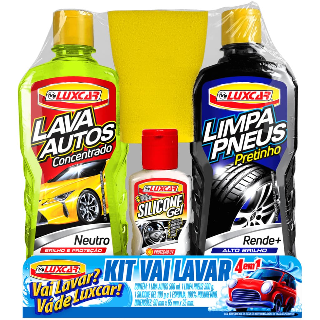 Kit Limpeza Luxcar com Shampoo, Pretinho, Silicone e Esponja Para Higiene Completa do Carro