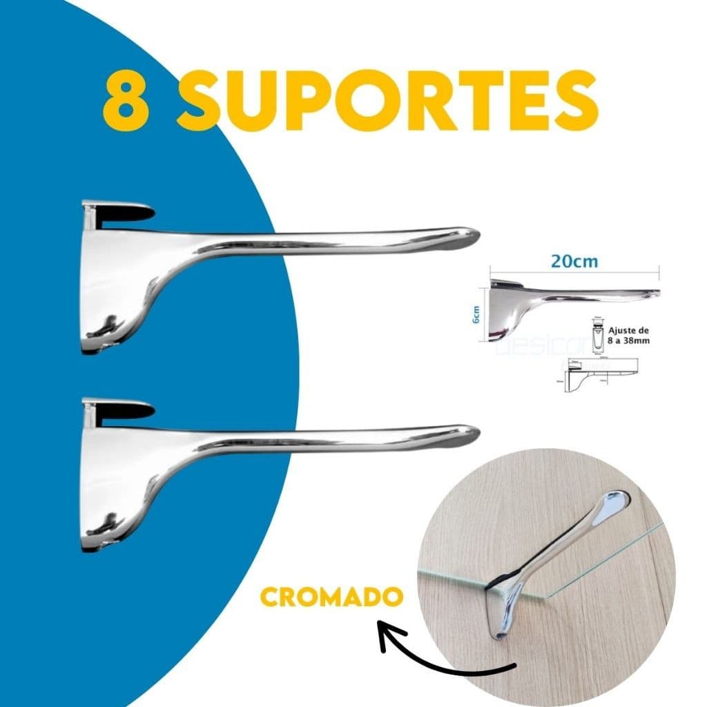 Kit com 8 Suporte Pelicano Para Prateleira de Vidro Madeira na Parede Cromado em Metal