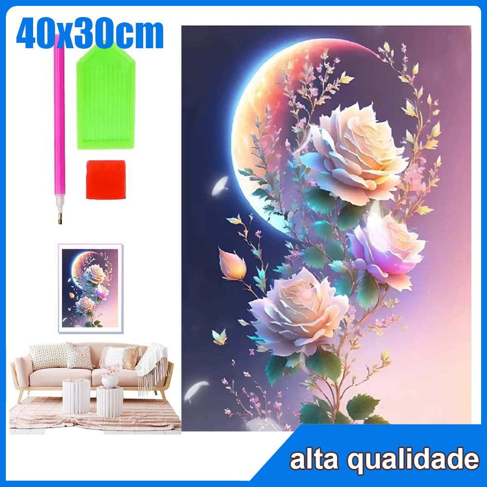 40x30cm Rosas ao luar Quadrado Pintura Diamante 5D Pintura de Diamante Pintura Com Diamante A Óleo 5D DIY Decorativa