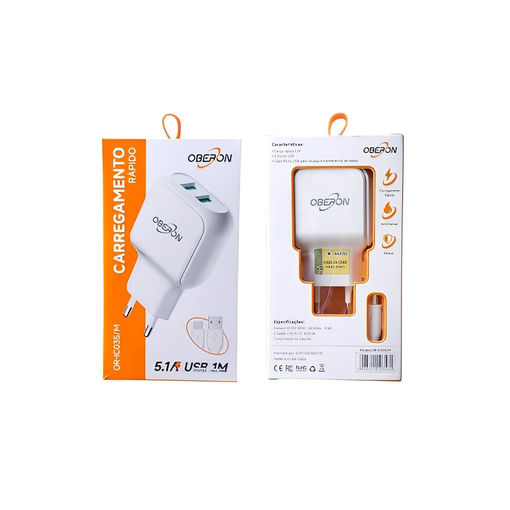 Carregador de Tomada Rápido 20W 5.1A  2 Portas USB Carregamento Ultra Rápido Rápido e Eficiente