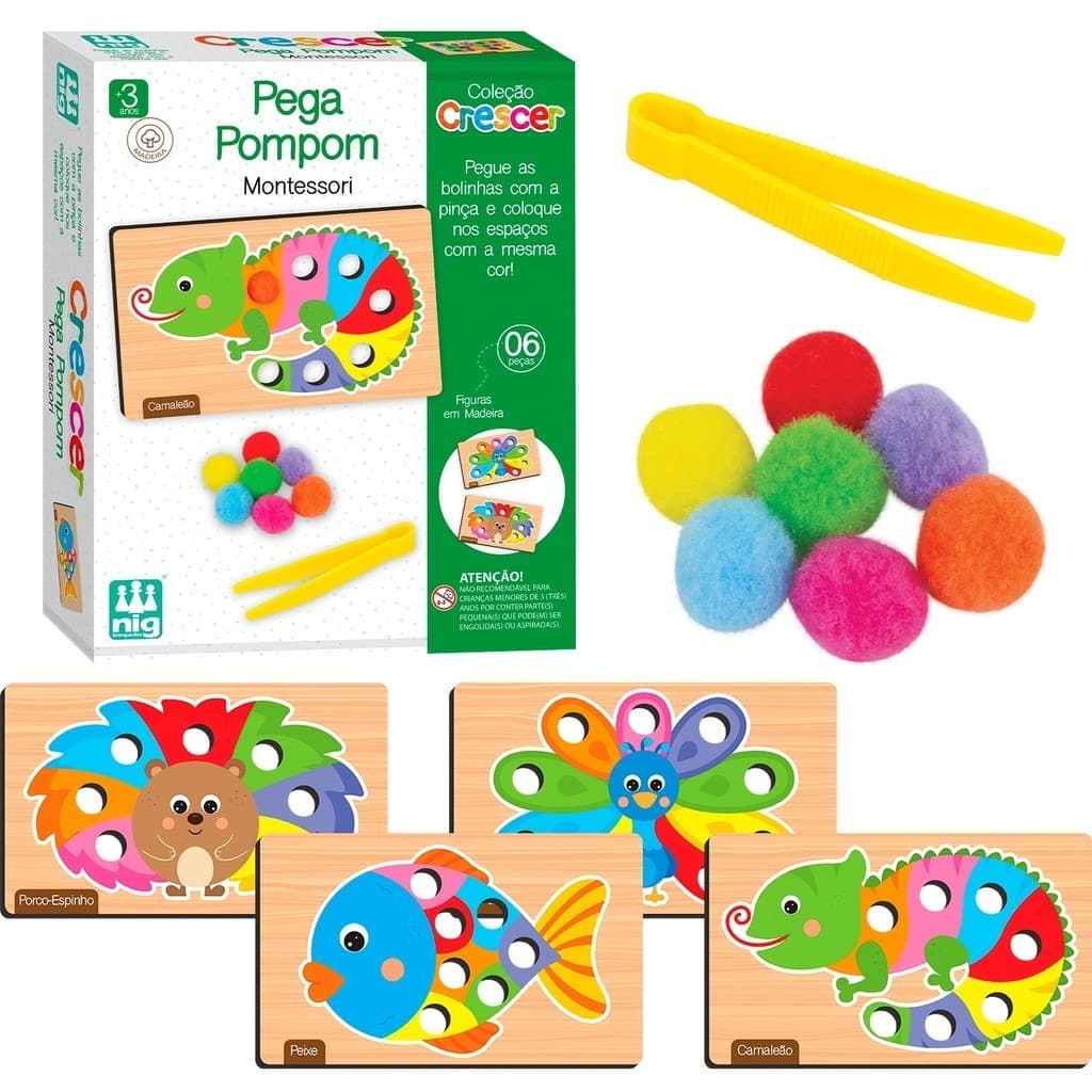Jogo Educativo Madeira Crescer Pega Pompom Montessori Pedagógico - Nig Brinquedos