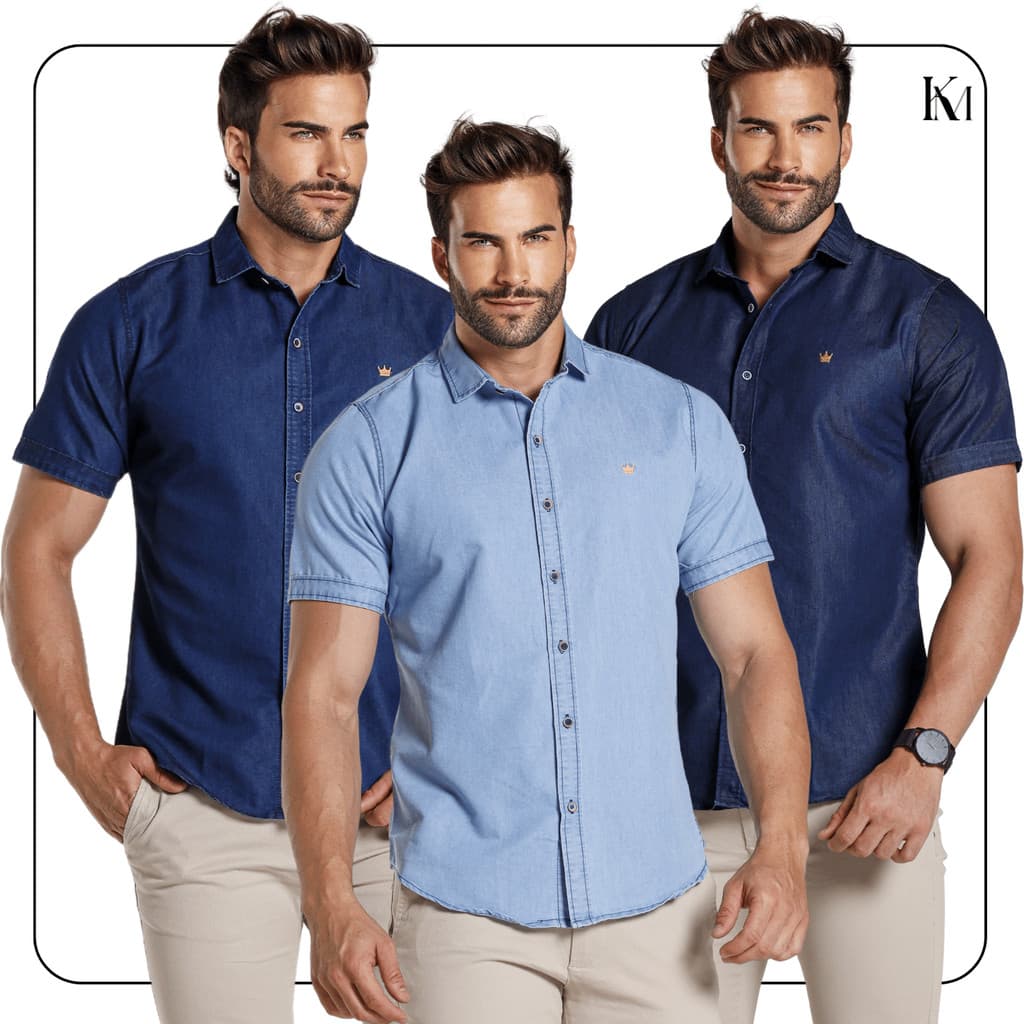 Camisa Social Jeans Masculina Manga Curta Lisa Slim Casamento Festa  Premium P ao GG