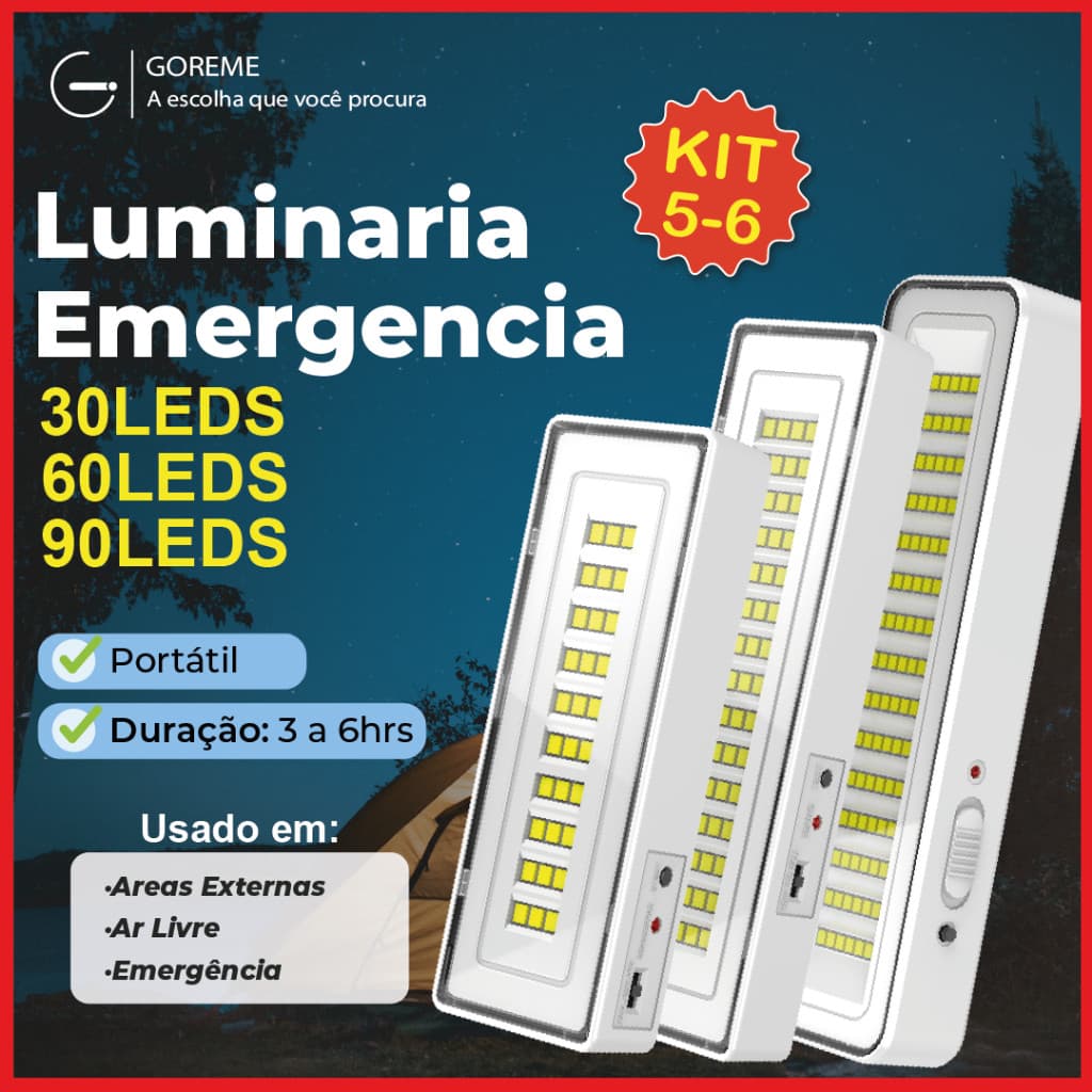 6 Luminária Emergência Lâmpada Portátil 30 60 90 Leds Recarregável Bivolt Luz Branca Fria
