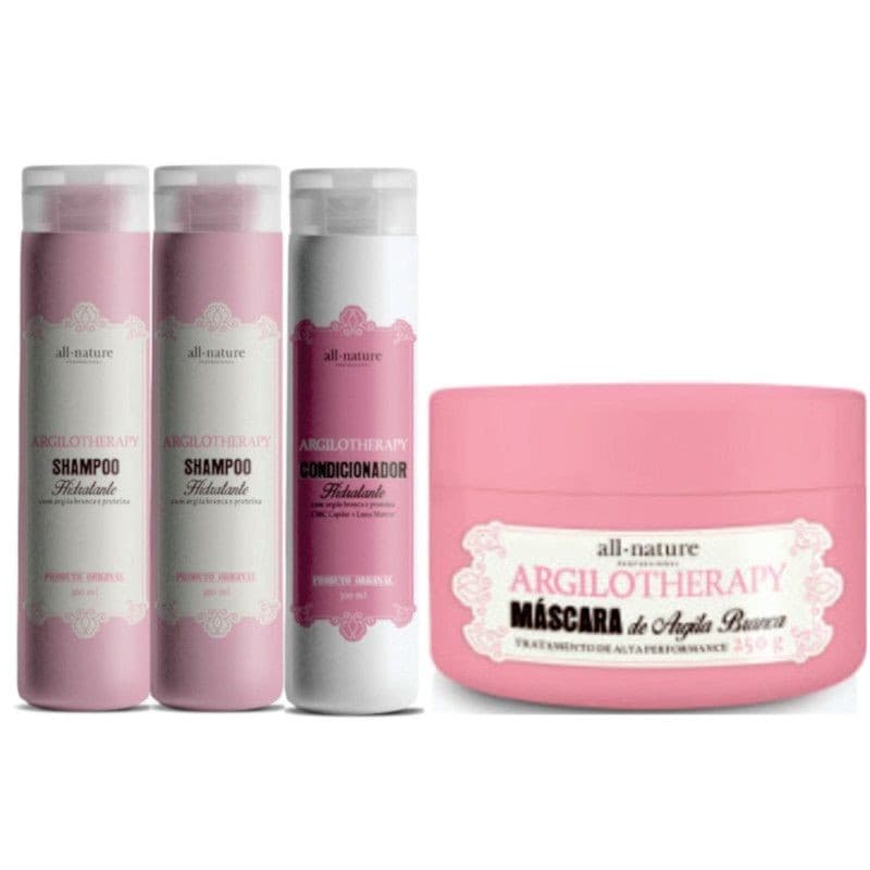 Kit Máscara Argilotherapy com Argila Branca Tratamento de Alta Performance 250g 2 Shampoos Condicionador Hidratante Argilotherapy 300ml All Nature