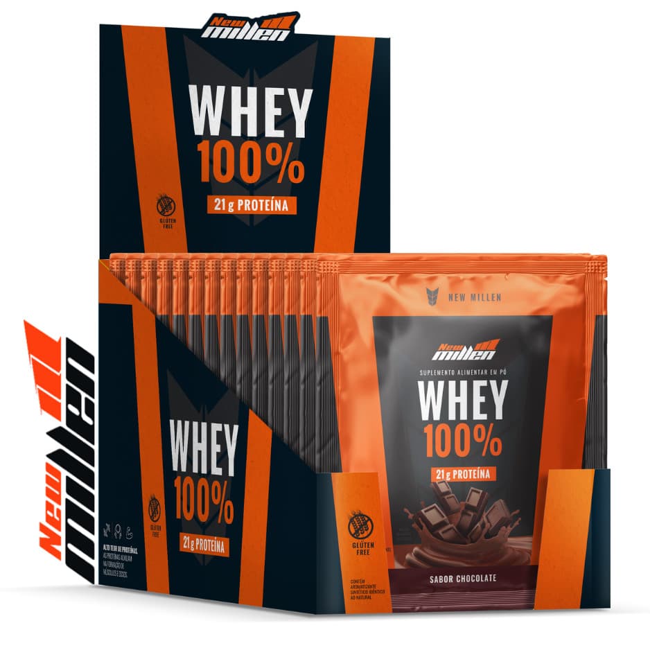 CAIXA 15 UN 30G WHEY 100% PROTEIN NEW MILLEN - SABOR CHOCOLATE