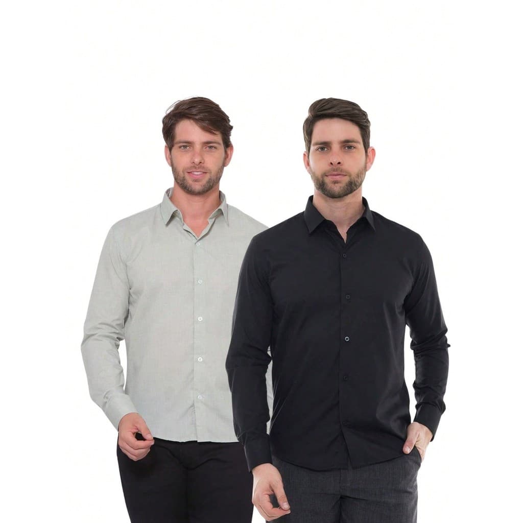 KIT Masculino 2 Peças - Camisa Social Masculina Premium Tipo Linho Oliva e Camisa Social Slim Manga Longa Preto