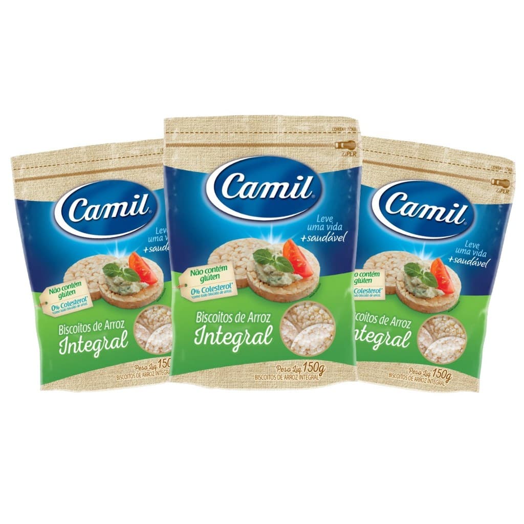 Biscoito de Arroz Integral Camil 3x150g Sem Glúten