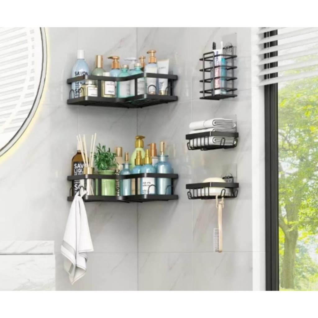 (MOSTRA)kit 5 Pacote Suporte para chuveiro Prateleira de banheiro sem perfuração Grande capacidade Armazenamento de organizador de cozinha Aço inoxidável Prateleira de chuveiro de canto de parede