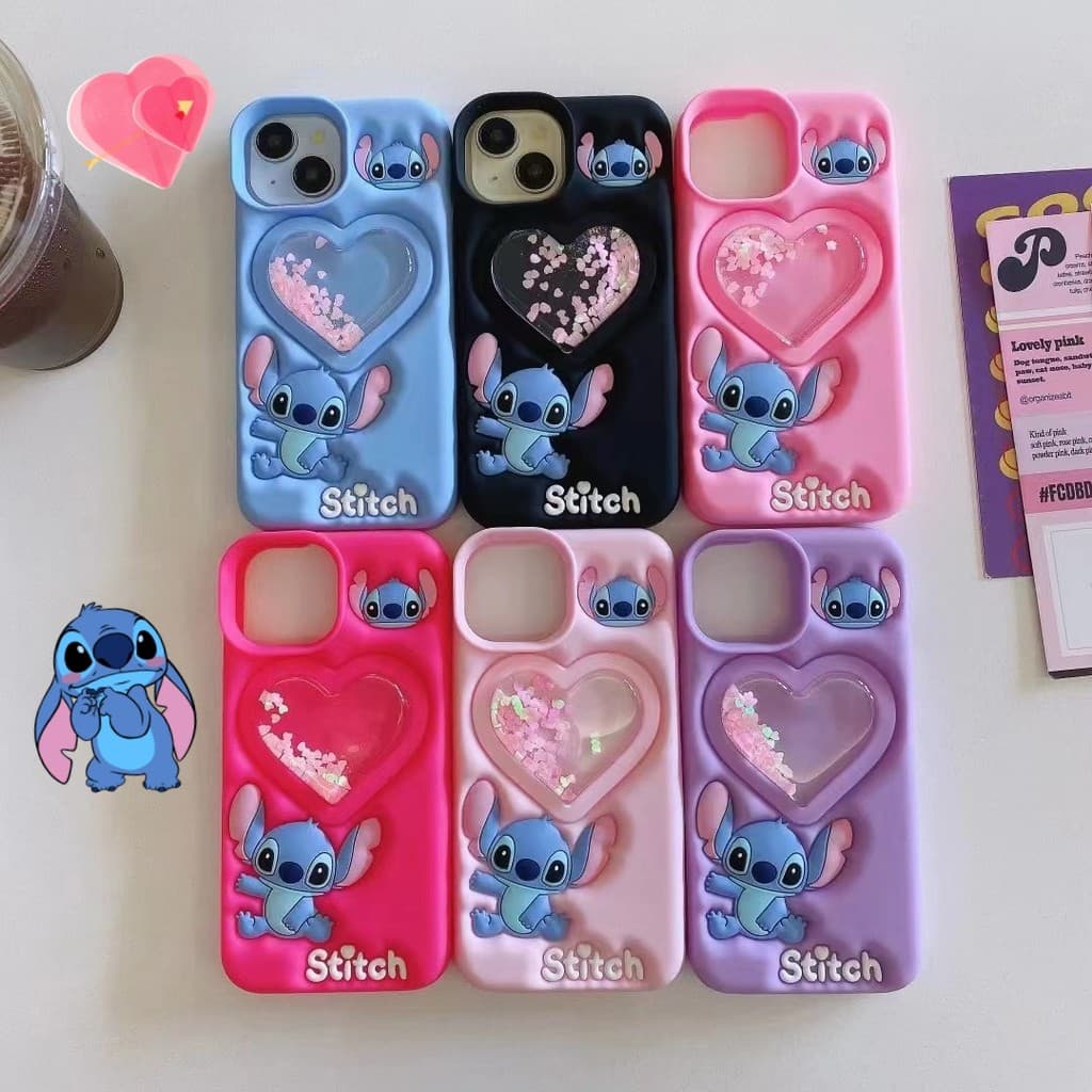 Capinha iphone 11/12/13/14/15 Pro max,Capinha 3d de silicone do stitch,Capa de silicone para celular à prova de choque, areia movediça em forma de coração, anime fofo stitch