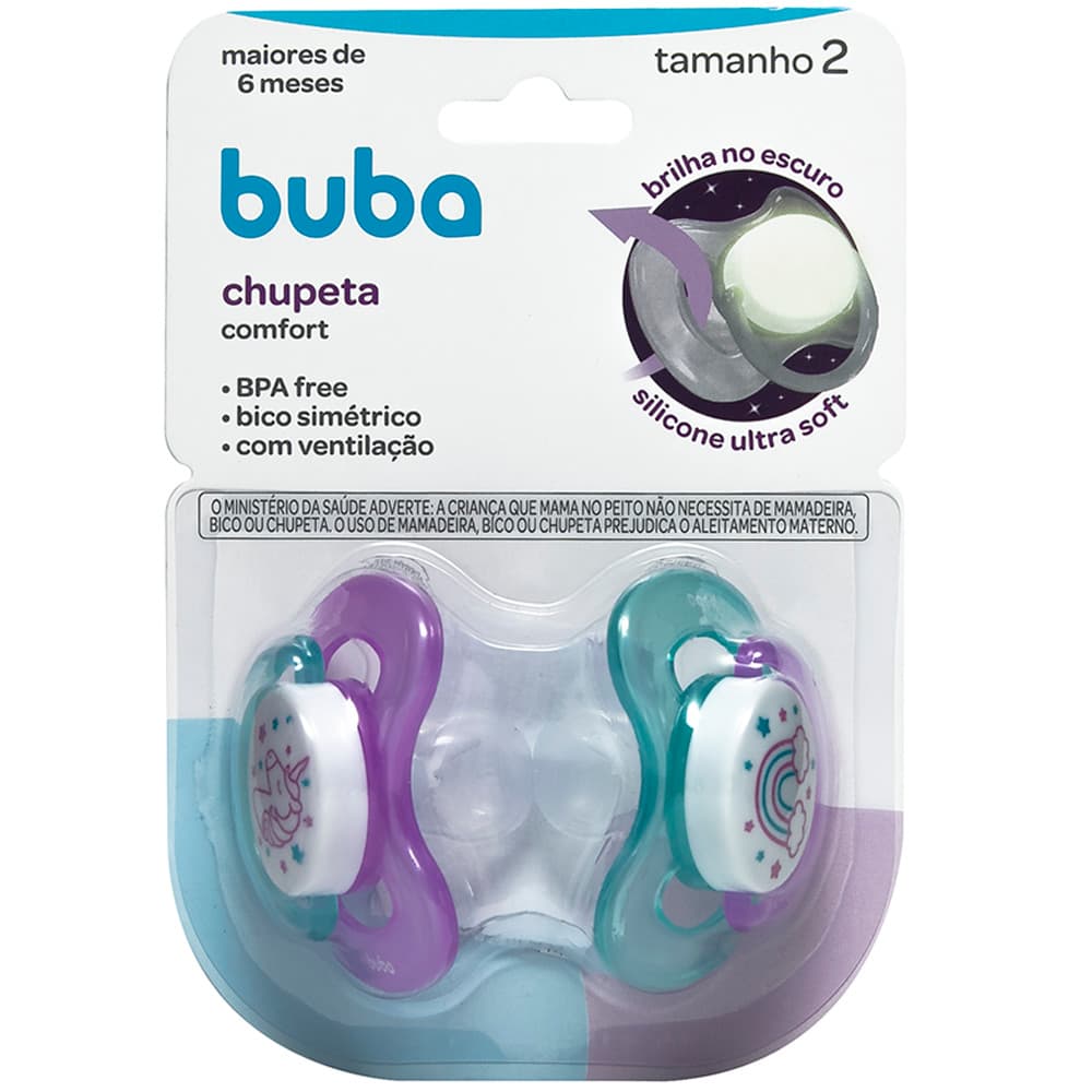 KIT 2 CHUPETAS BUBA COMFORT TAM.2 NOTURNA UNICÓRNIO
