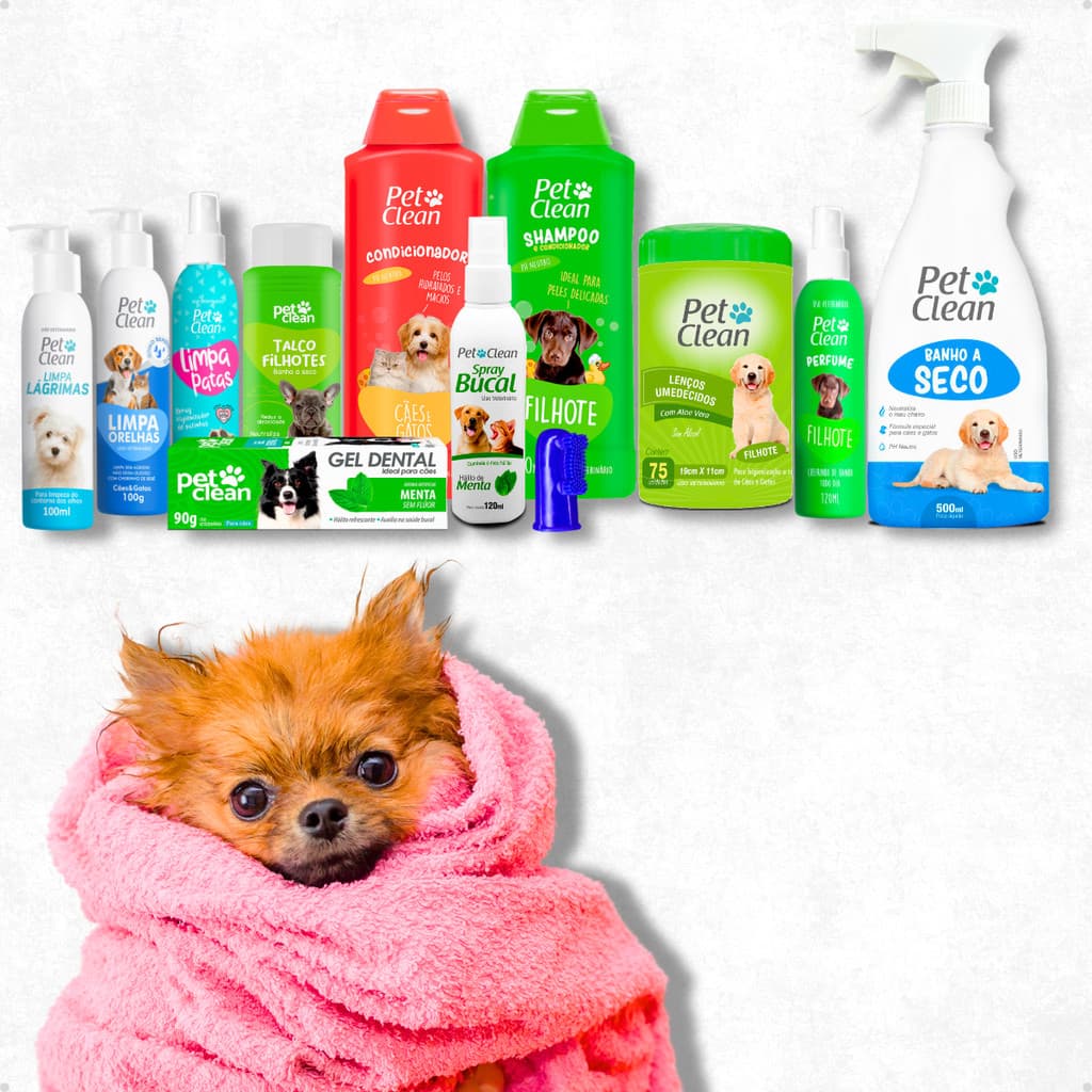 Kit Higiene Bucal e Higienização Banho Completo para Cães e Gatos Filhotes Shampoos - Pet Clean
