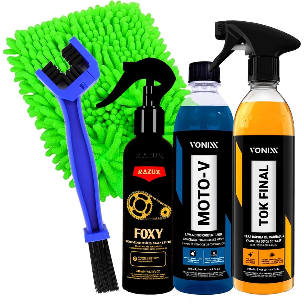 Kit Lavagem de Moto Shampoo Moto-V 500ml Vonixx Cera Tok Final Foxy 240ml Razux Limpa Corrente + Acessórios Karbox