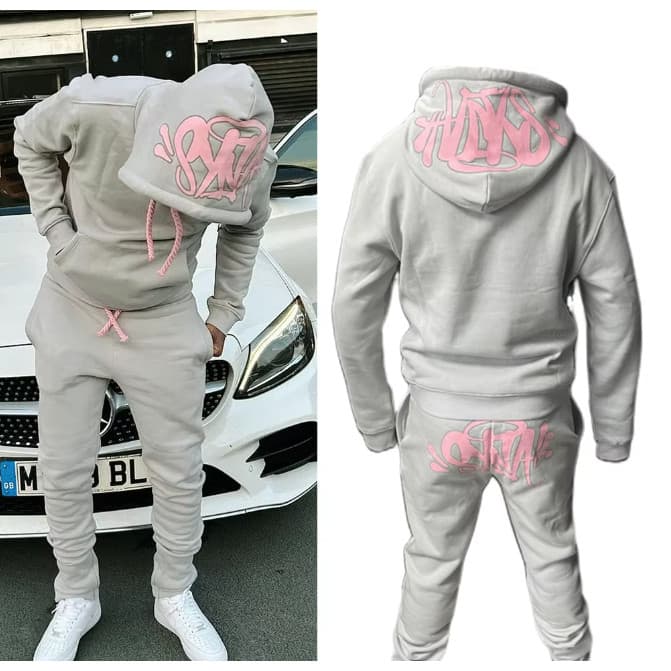 Conjunto 2 Peças Moletom e calça Streetwear Europeu Cordão Colorido e Estampado Unissex Casaco