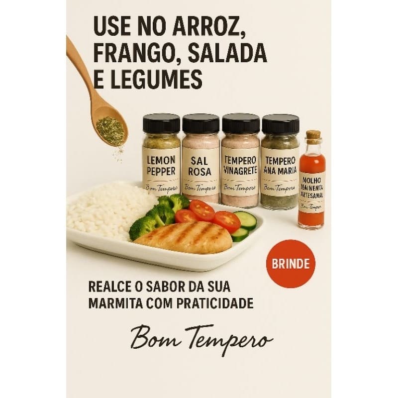 Kit Marmita 4 Temperos Naturais Bom Tempero + Molho de Pimenta Artesanal – Potinhos de 50g