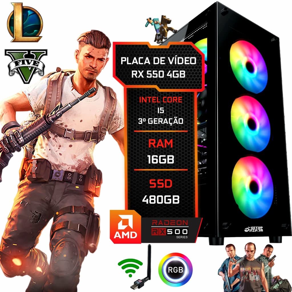 PC Gamer Setup Ninja RX 550 4GB, Intel I5, 16GB RAM, SSD 480GB, FONTE 500W