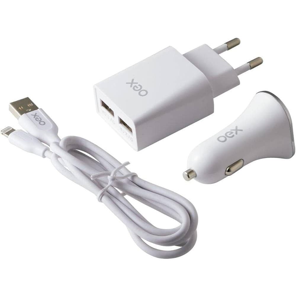 Kit 3 em 1 Oex Lightning - Carregador Veicular, 2 USB + Cabo Lightning + Carregador de Tomada, 2 USB, Branco - KV101