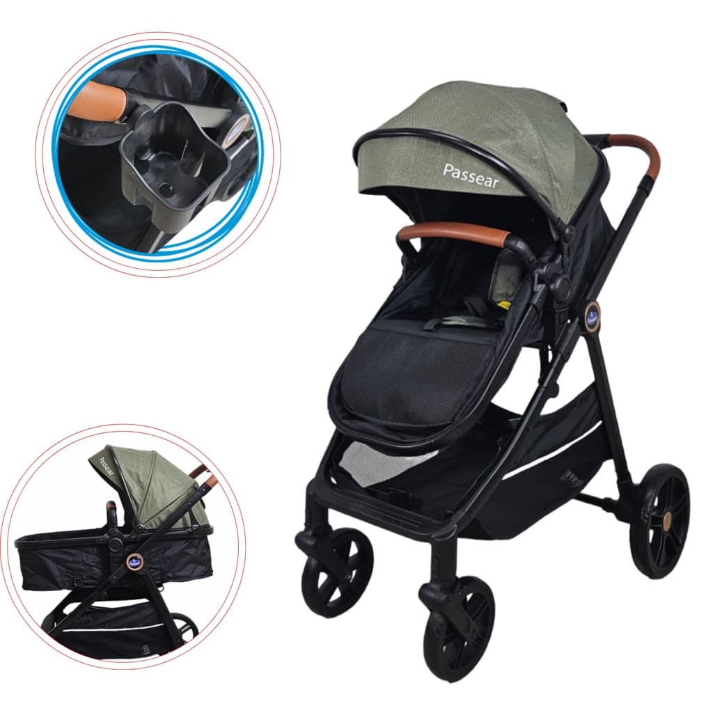 CARRINHO DE BEBE 3 EM 1 PASSEAR  APOLO MOISÉS REVERSÍVEL CAPOTA RETRÁTIL FOLHA SECA C/PRETO