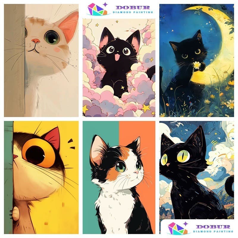 DOBUR | Conjunto Pintura Com Diamante Gato Fofo 5D DIY Round/Square Full Drill Canvas Artesanato Decoração Parede Domést
