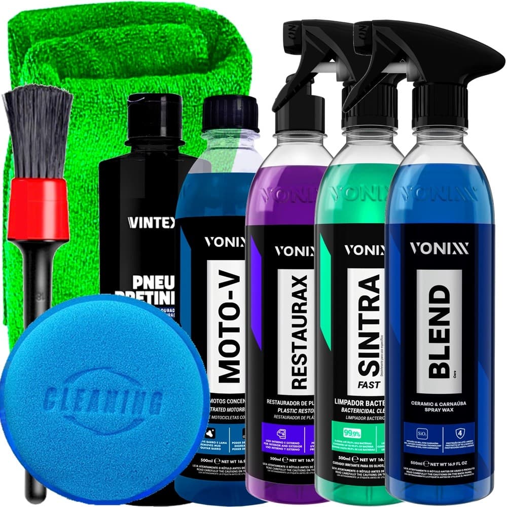 Kit para Limpeza Carro e Moto Vonixx Moto-V Sintra Fast Blend Spray Restaurax Pneu Pretinho e Acessórios Karbox