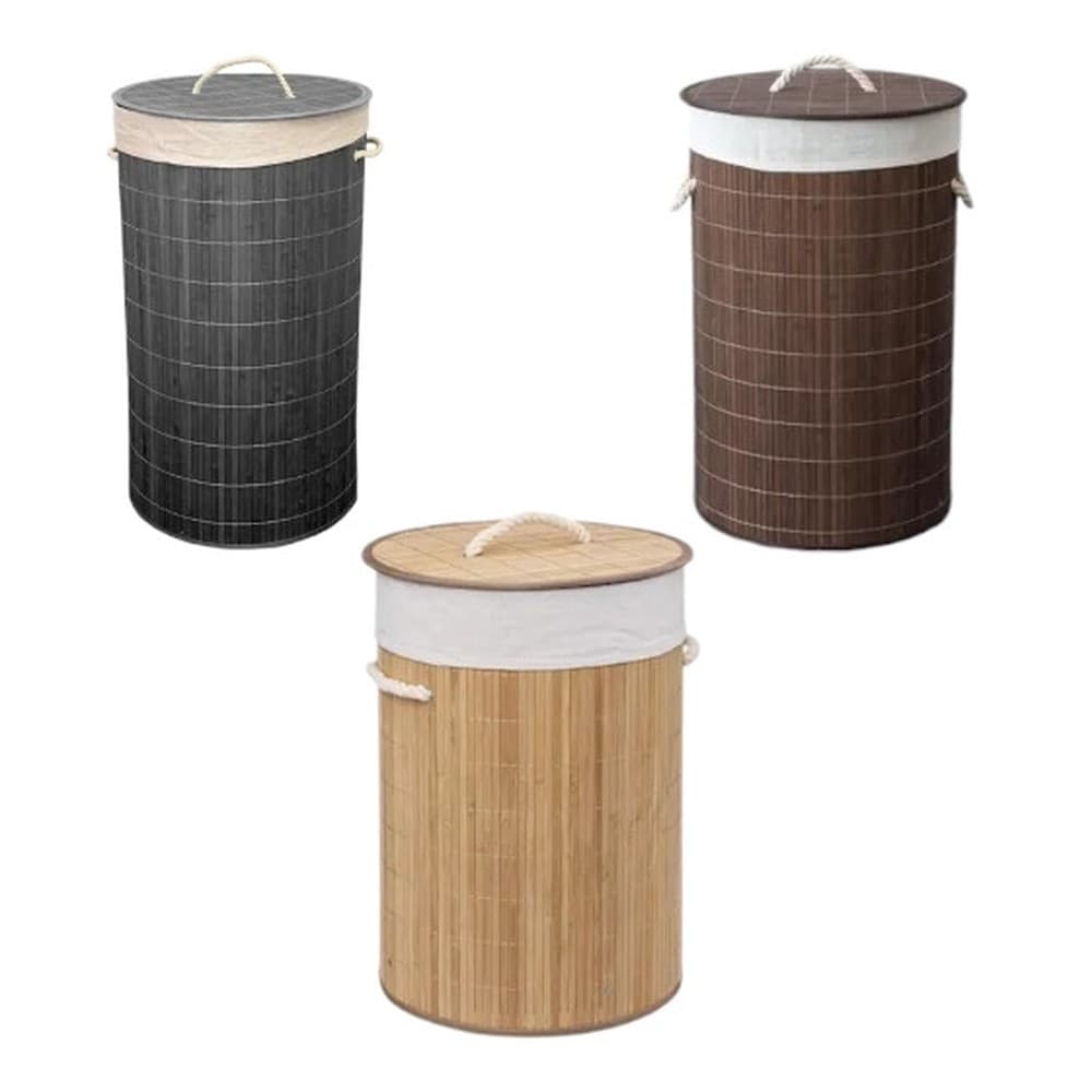 Cesto Para Roupa Suja Organizador Banheiro Redondo Bambu