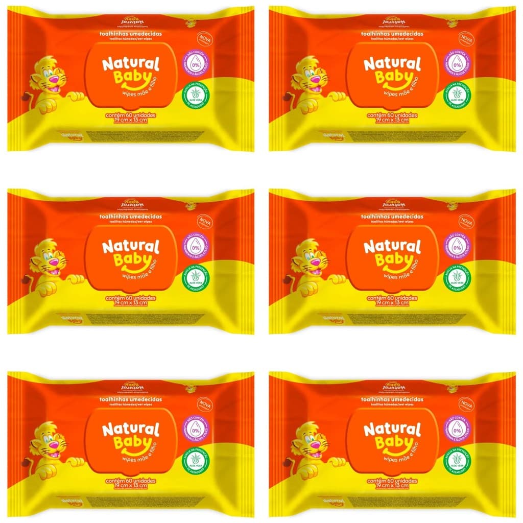 kit 6 pacotes de Toalhas Umedecidas Natural Baby 60 unidades