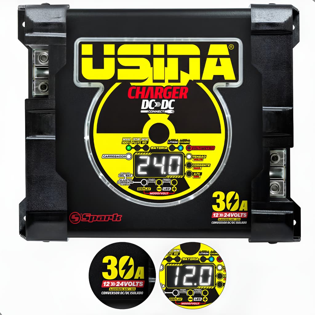 Fonte Conversora Usina 30A 12V/24V Charger DC-DC Alta Eficiência Som Automotivo