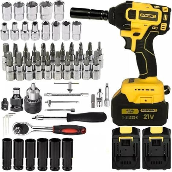 Chave De Impacto Parafusadeira Bomvink Brushless Bom-9966 1/2 Sem Fio + Jogo Soquete com 46pç Kit completo de ferramenta