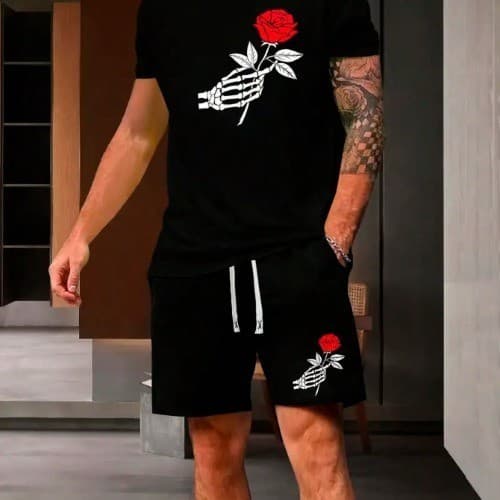 Conjunto de camiseta Basica e shorts  Masculino Moletom Caveira rosa