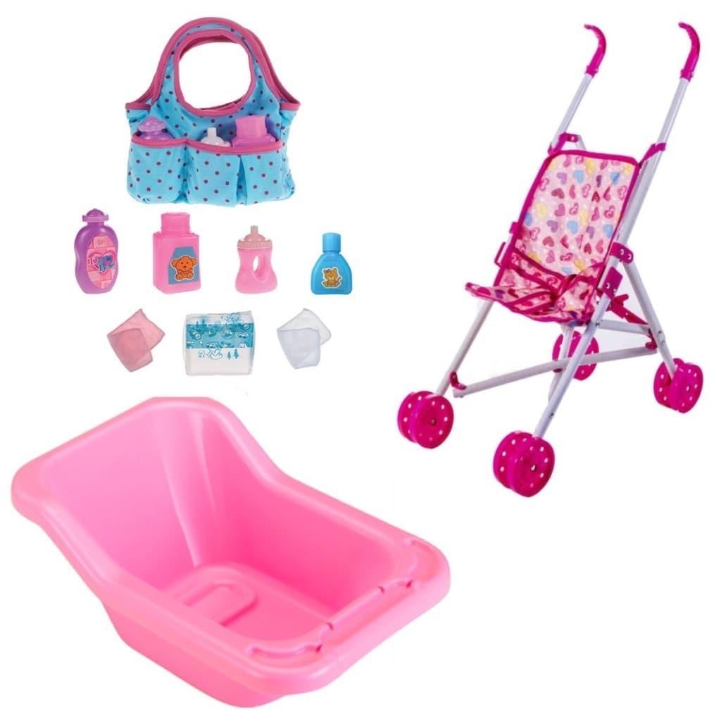 Kit Banheira Boneca Reborn Hora Do Banho + Carrinho e Bolsa