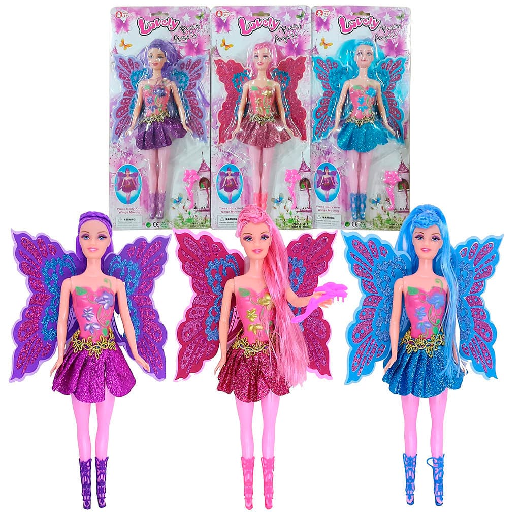 Brinquedo Boneca Menina Fada Borboleta Com Asas - Meche As Asas Com Botão - Articulada - HM TOYS