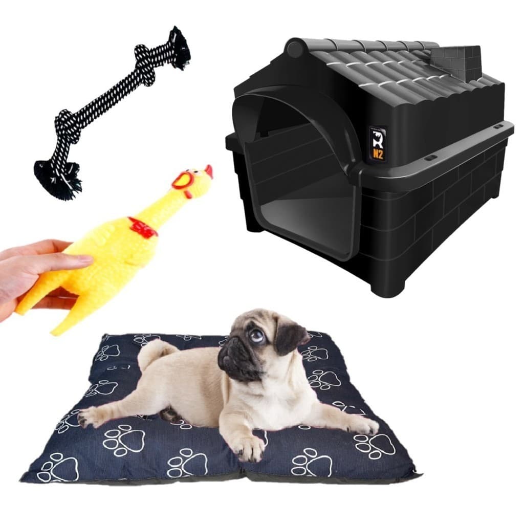 Casa Casinha N2 Preto + Brinquedo Pet + Colchonete Preta Pet