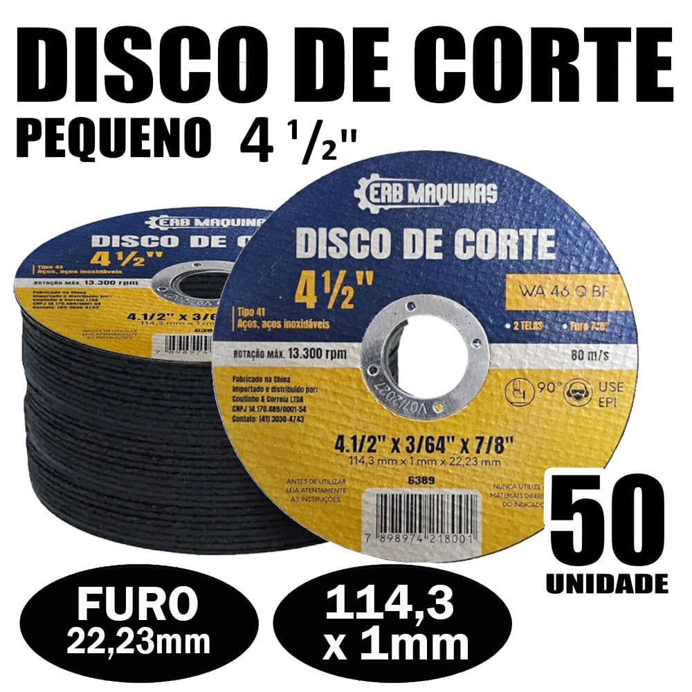 50 Disco de Corte Pequeno Fino em Aço Inox 4.1/2" x 115x22x1mm Para Lixadeira Esmerilhadeira