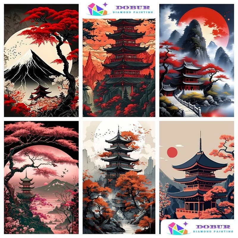 DOBUR | Conjunto Pintura Com Diamante Paisagem Pavilhão Chinês Estilo 5D DIY Round/Square Full Drill Canvas Artesanato G