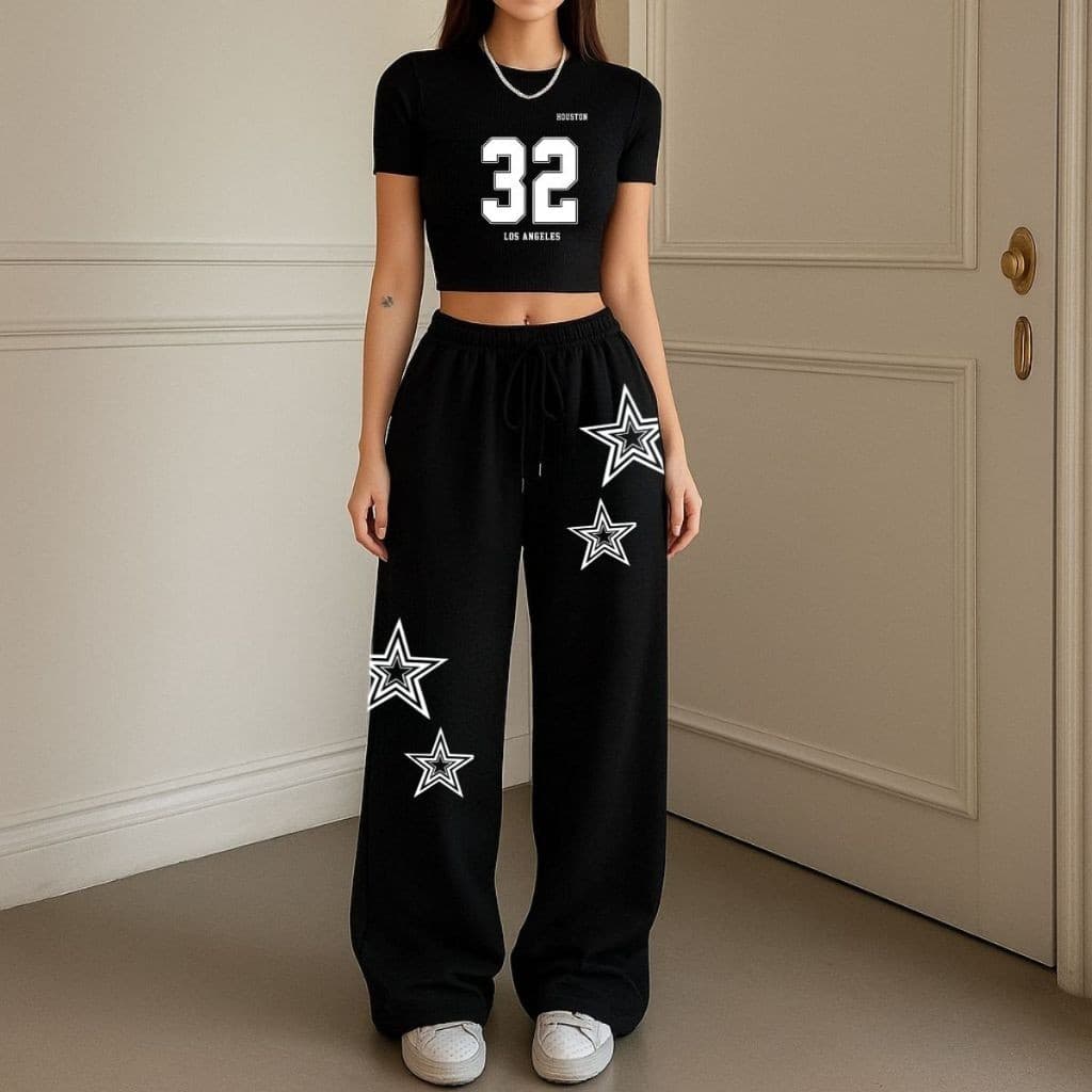 Kit Cropped Slim E Calça Wide Leg Moletom Feminino Estilo Y2k 32 Boston Visual Despojado Conjunto