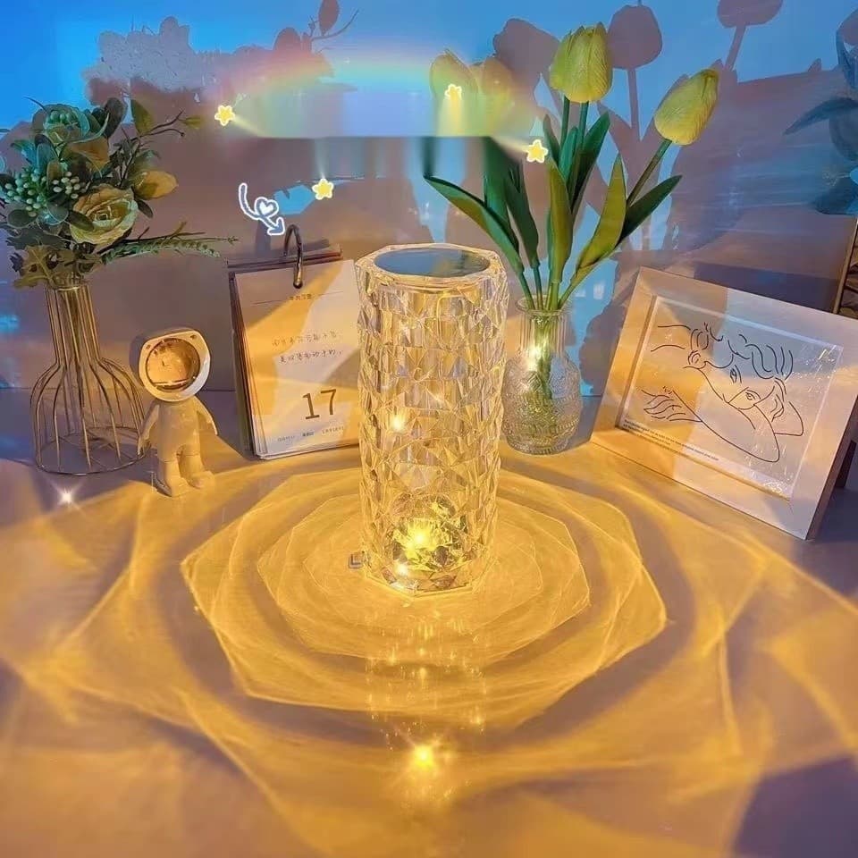 Luminária de mesa de cristal LED com três cores de luz projetor com USB