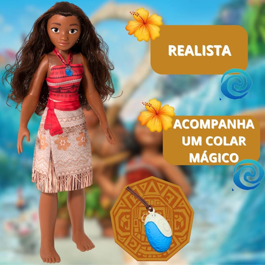 MEP Boneca MOANA 55cm GRANDE original + Colar Mágico Grande Articulada Vinil Infantil Mini My Size Novabrink
