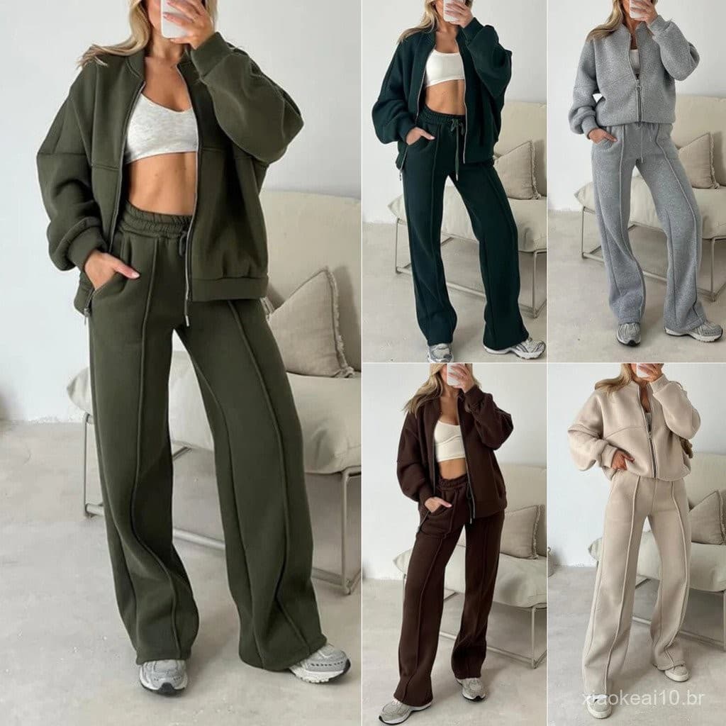 Novo Conjunto Casual Feminino de Moda, Conjunto de Duas Peças com Moletom de Manga Longa de Cor Sólida e Calças com Zípe