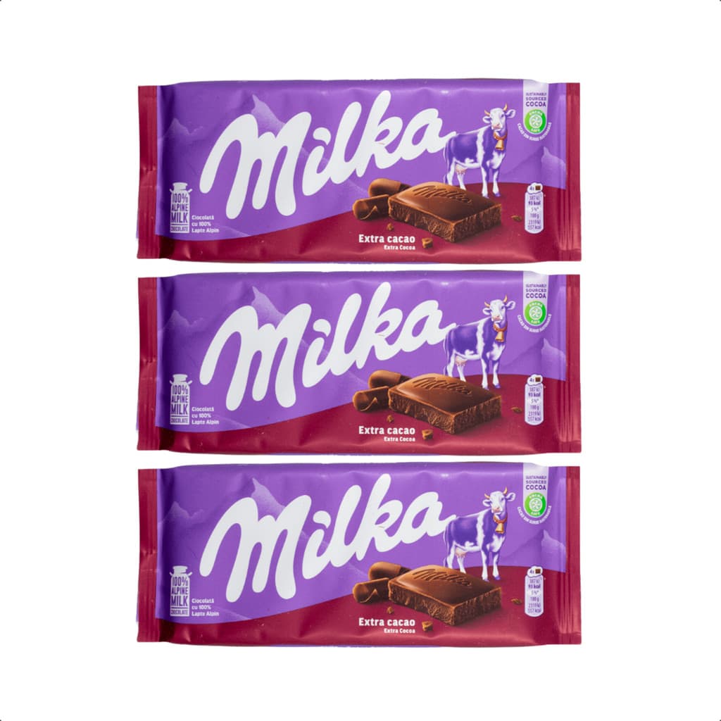 3 barras de chocolate importado milka com cacau extra 90g