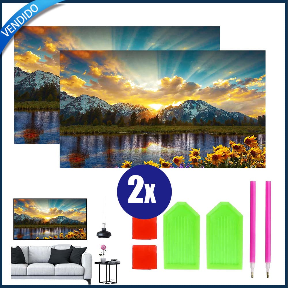 2x Conjunto de pintura com diamantes 5D Pintura decorativa com diamantes Pintura de lago ao pôr do sol 70x40cm