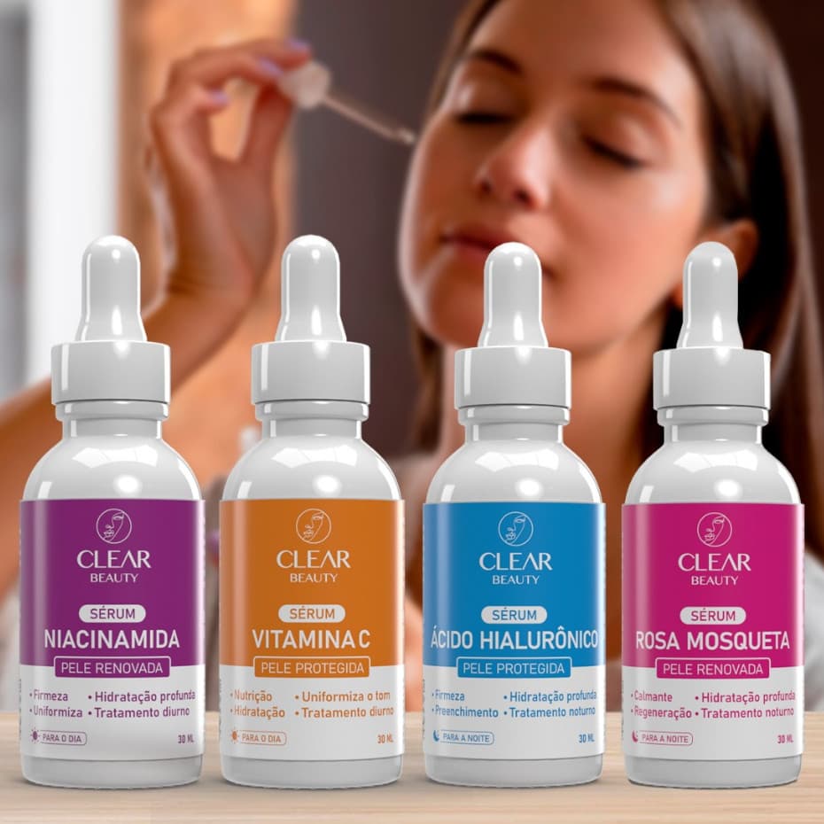 Kit 4 Sérum Facial Skin Care Completo – Niacinamida, Ácido Hialurônico, Rosa Mosqueta e Vitamina C