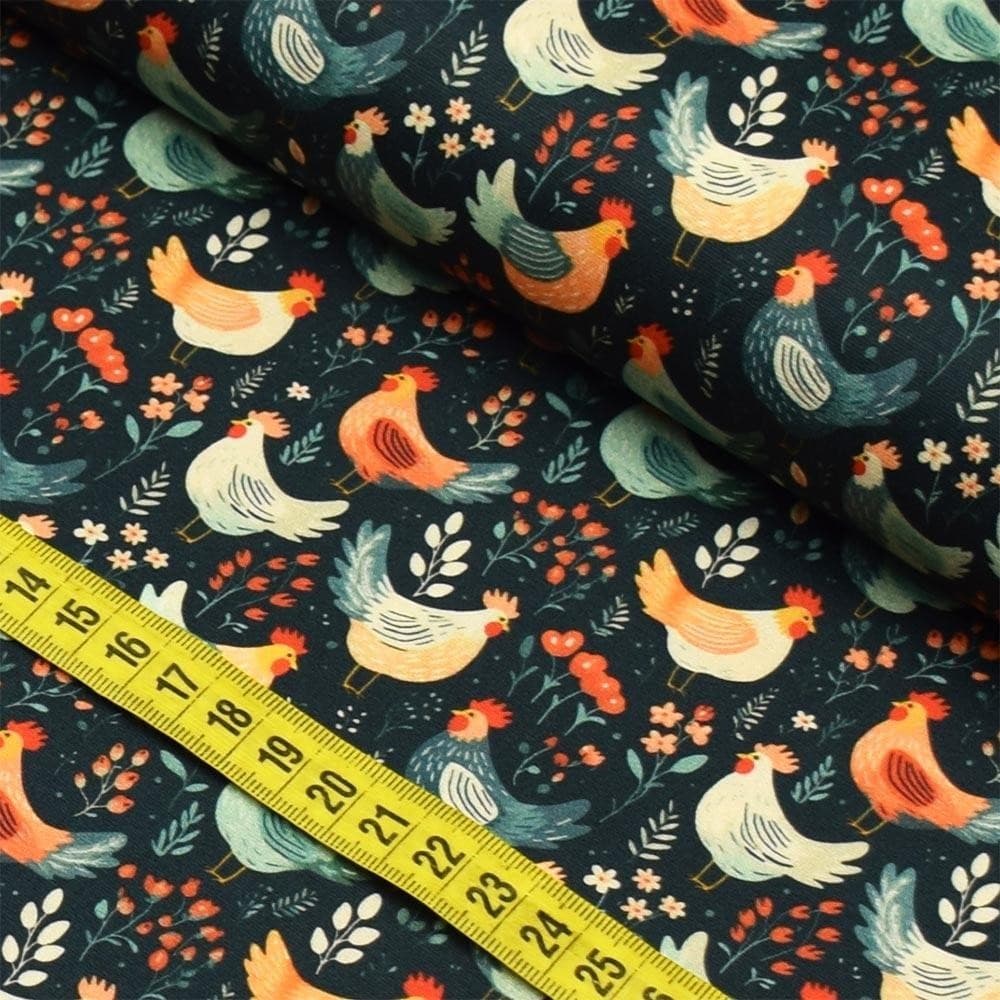 Tecido Estampado Para Patchwork - Galinhas no Jardim : Galinhas Marinho (0,50x1,50)
