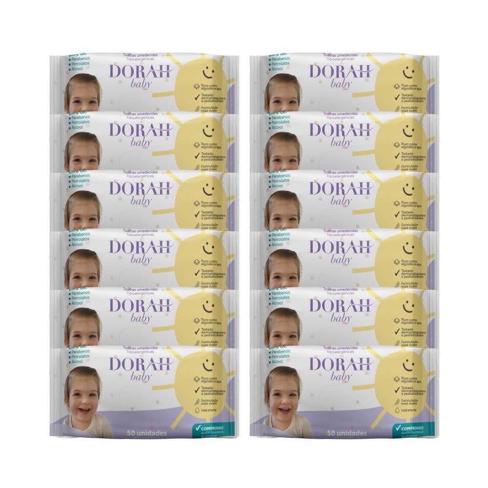 12 Pacotes - Toalhas/Lenços Umedecidos Hipoalergênicos - 50 Folhas - Dorah Baby (Total 600 Folhas)