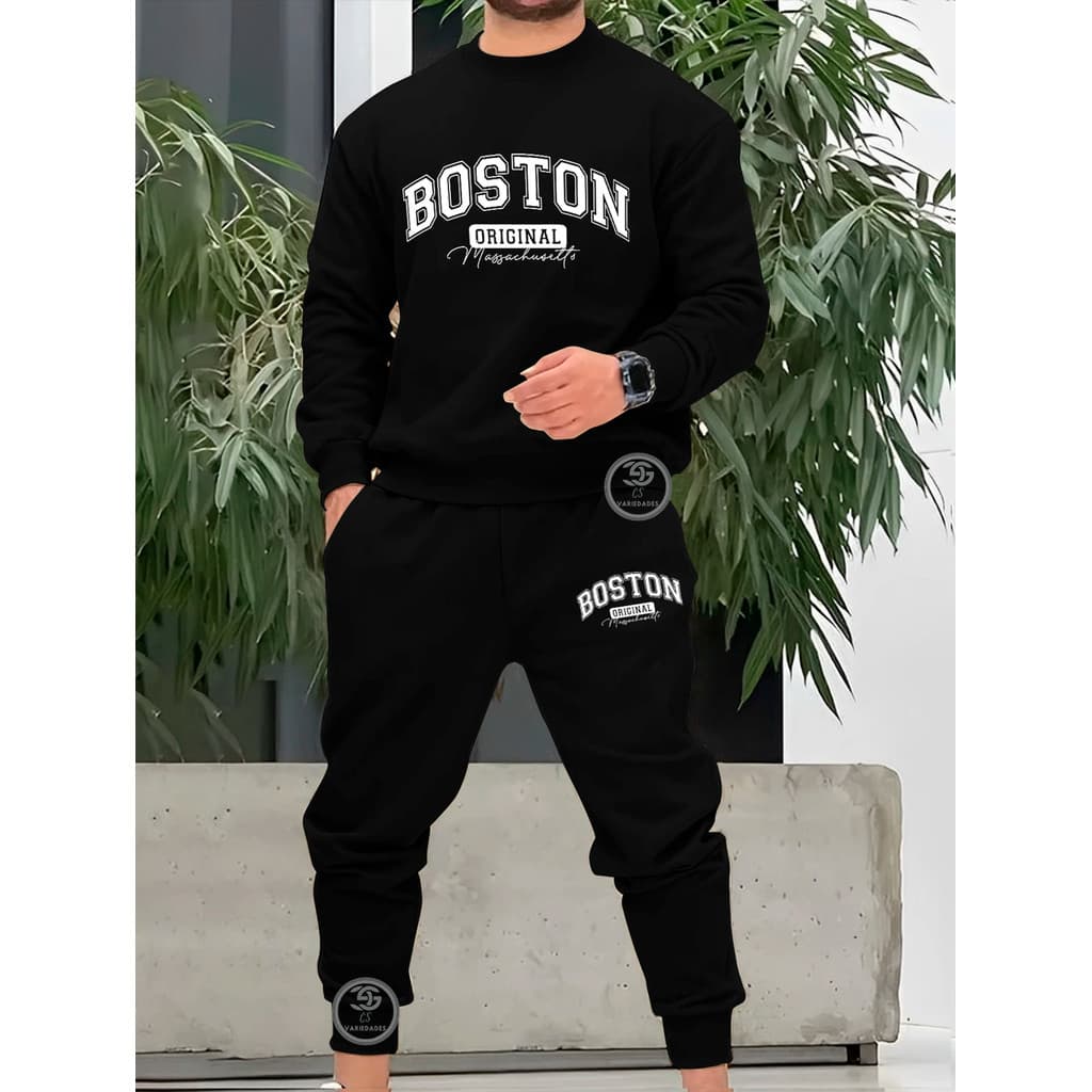 Conjunto de moletom Boston Massachussets Enjoy Life Usa Gola redonda casual unissex Blusa + Calça moletom Peluciado