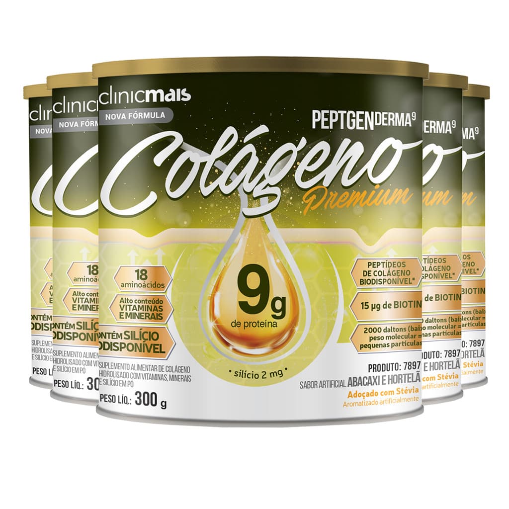 Kit 5 Colágeno Peptgenderma Clinicmais 300g Abacaxi com Hortelã