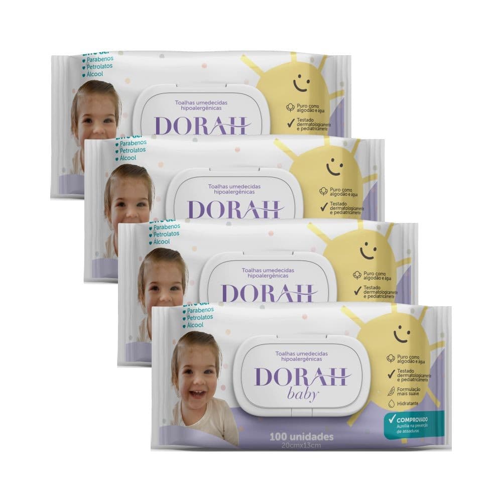 400 Lenços Umedecidos Hipoalergênicos - Dorah Baby (Total 4 Pacotes com 100 Folhas cada)